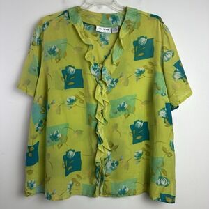Liz & Me Women‎ Button Up Top 3X 100% Silk Floral Ruffle Short Sleeve Green